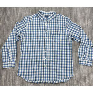 Old Navy Blue Green White Blue Plaid Shirt Mens XL Long Sleeve Classic Slim Fit